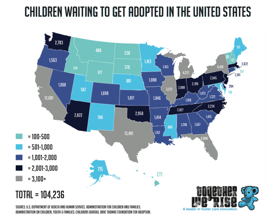 US map showing over 100,000 children are waiting to be adopted out of foster care.