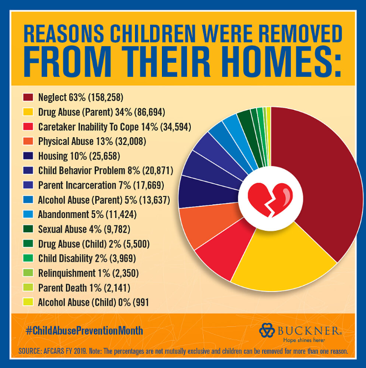 Pie chart of the most common reasons kids are removed from their homes.