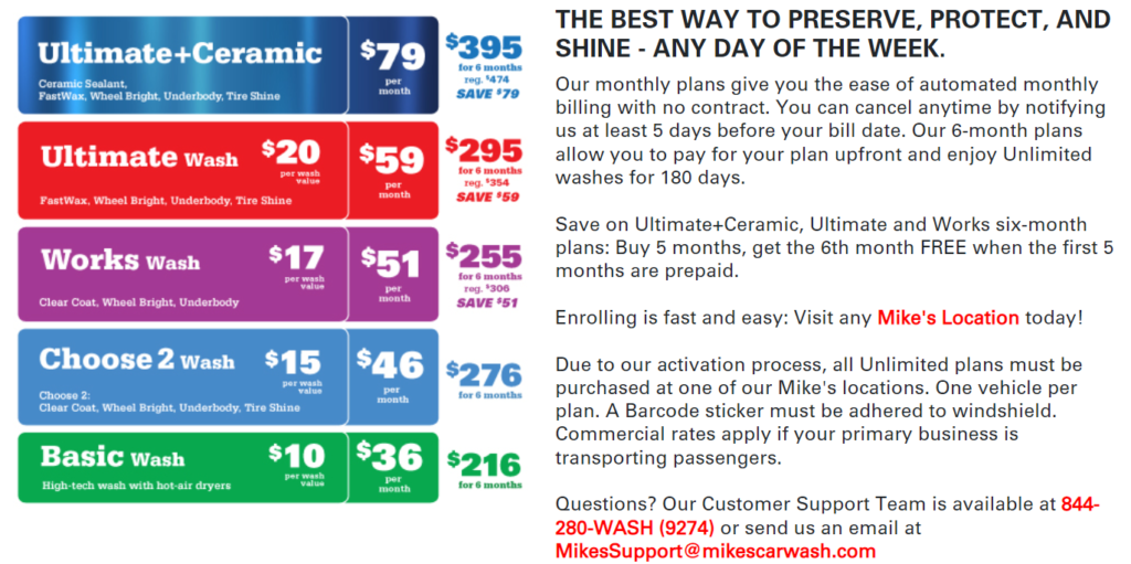 Mike's Carwash monthly pass options and pricing.