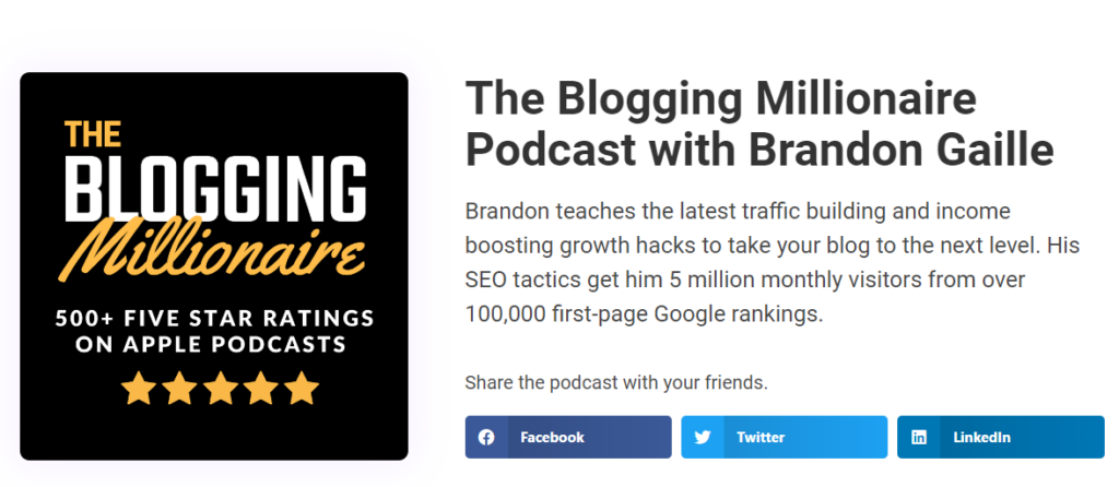 The Blogging Millionaire podcast with Brandon Gaille.