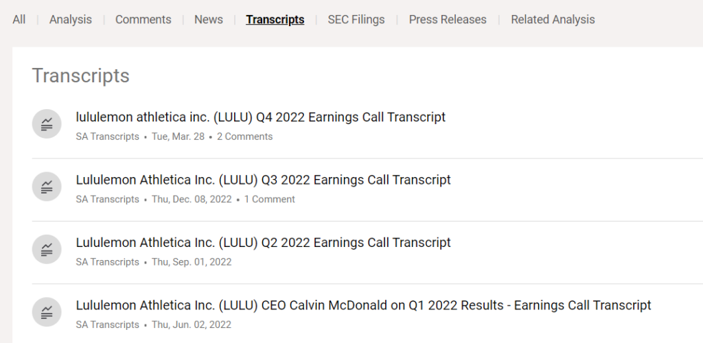 List of LULU earnings call transcripts from Seeking Alpha.