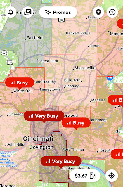 DoorDash Driver app map showing busy areas.